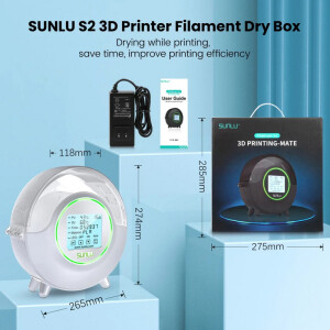 sunlu-filadryer-s2-filament-trockner-weiss-ansicht-maße-trockner-und-verpackung