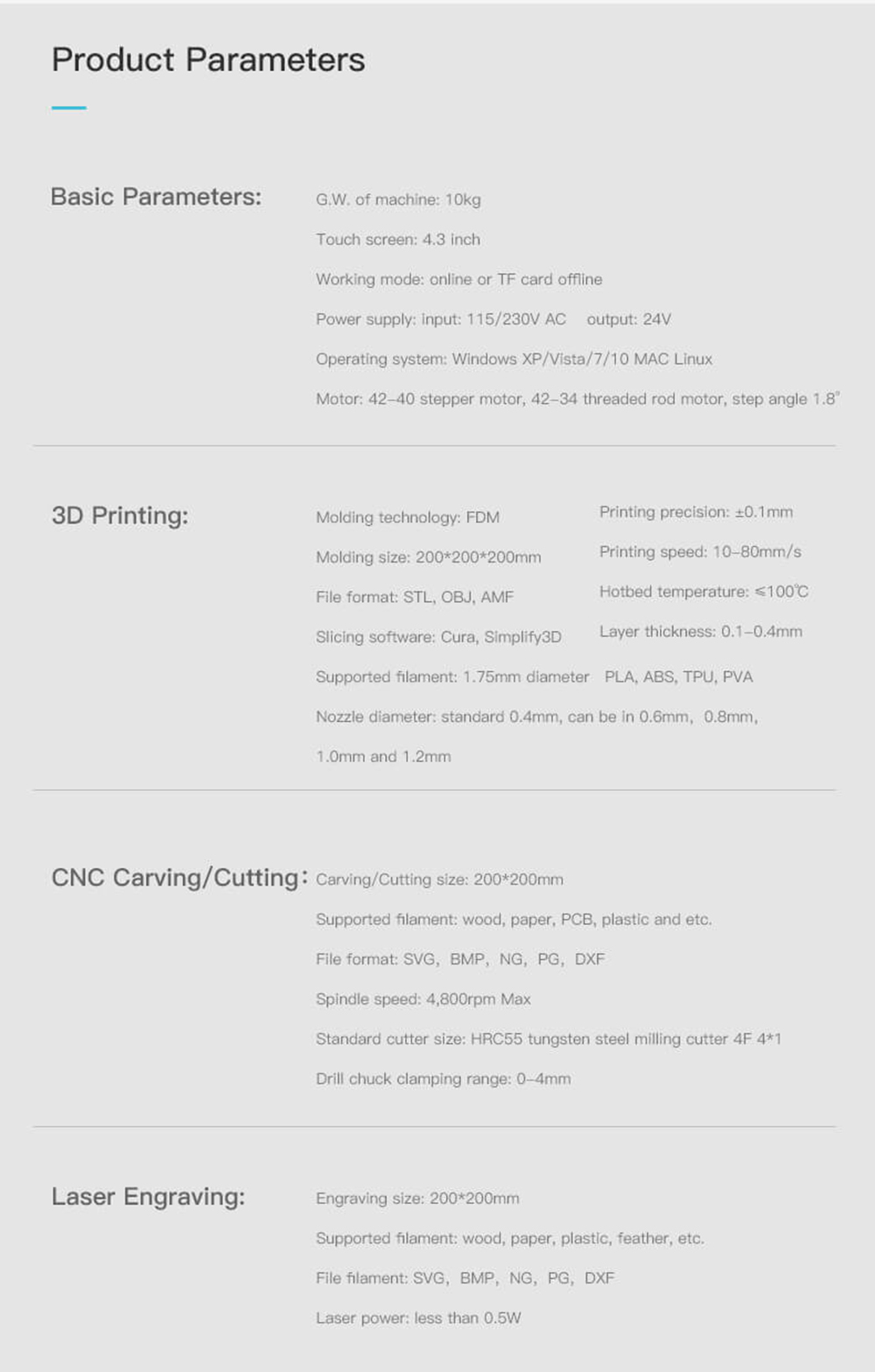 Creality3D CP-01 Multitool 3D-Drucker Bausatz - 200x200x200mm - Technische Daten