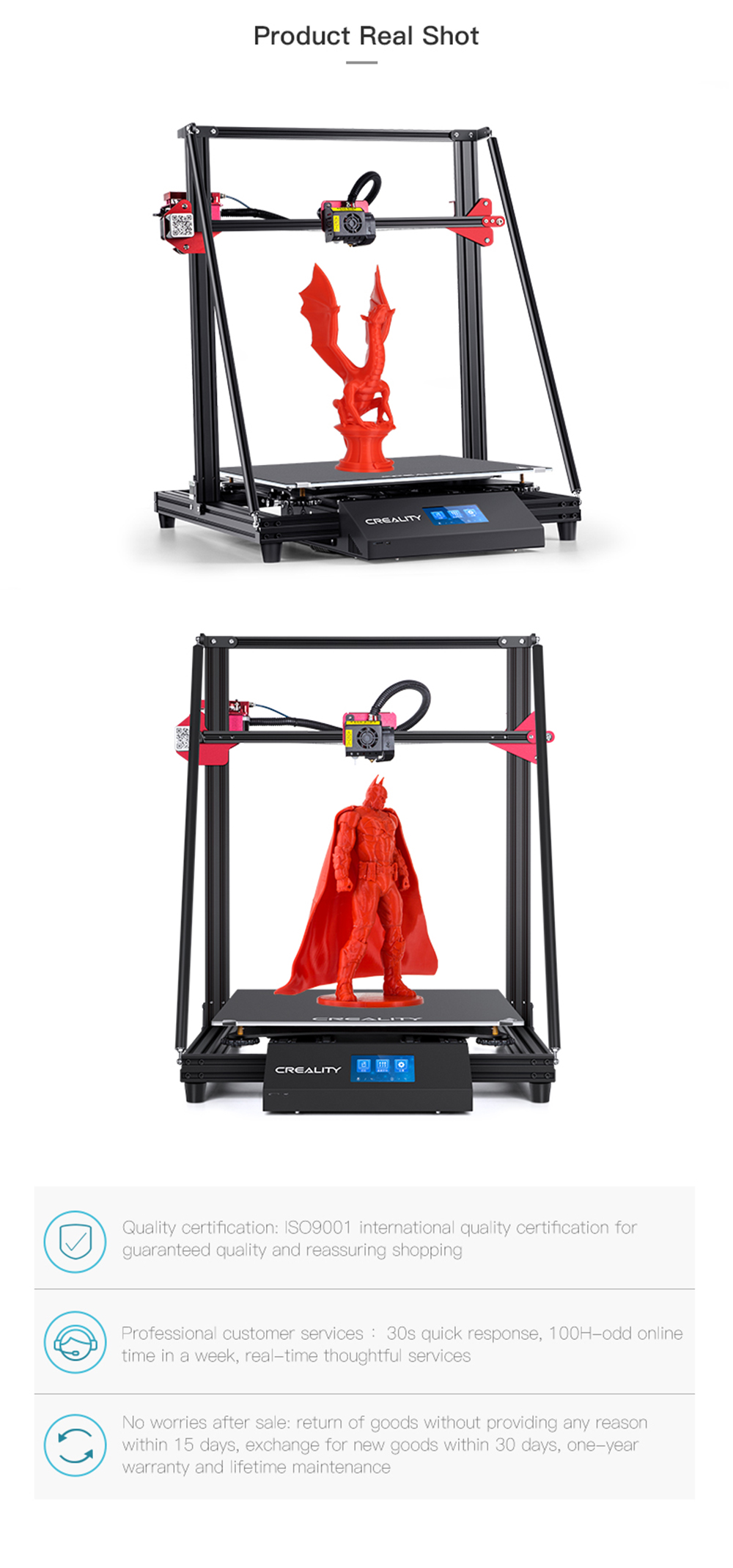 Creality3D CR-10 Max 3D-Drucker Bausatz - 450x450x470mm - Verschiedene Druckeransichten mit 3D-gedruckten Bauteilen