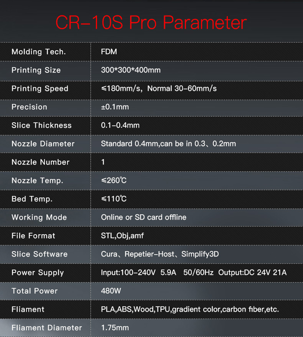 Creality3D CR-10S Pro 3D-Drucker Bausatz - 300x300x400mm - Technische Daten