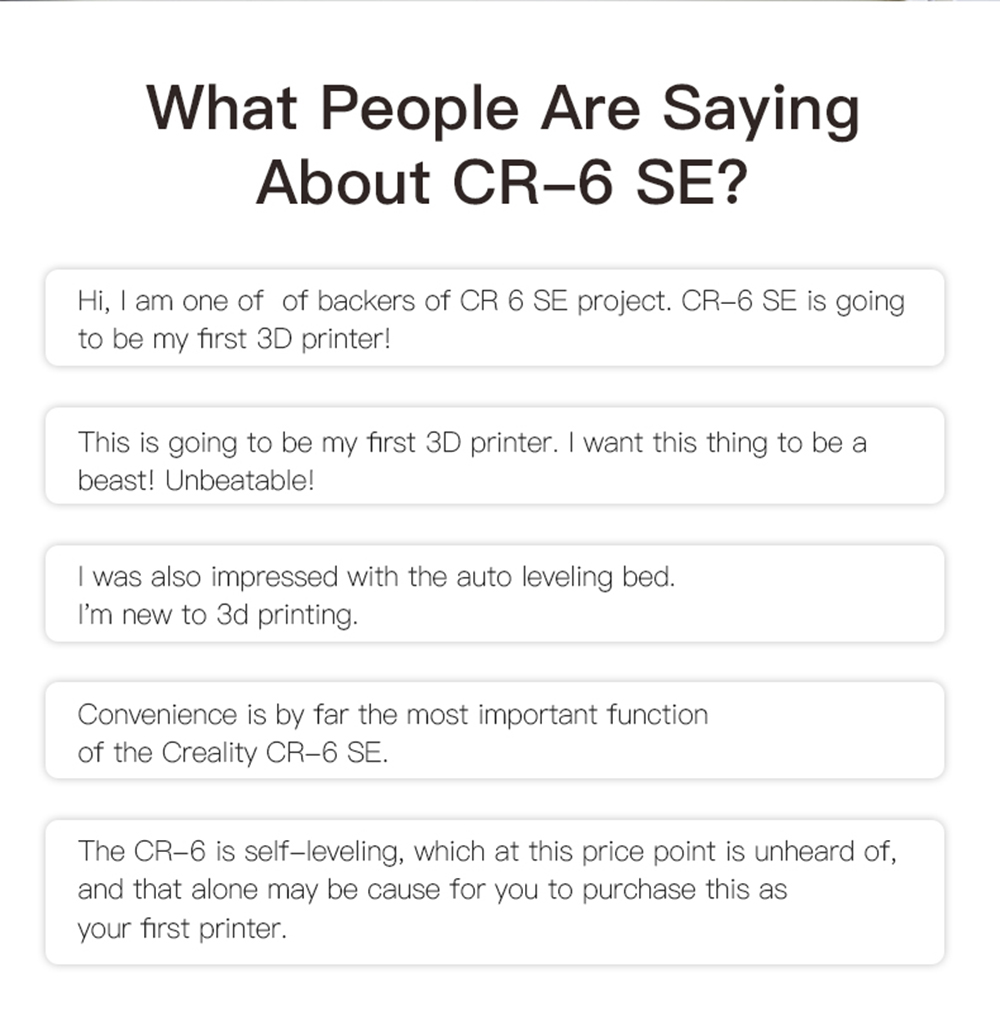 Creality3D CR-6 SE 3D-Drucker Bausatz - 235x235x250mm - Was Leute über den CR-6 SE sagen