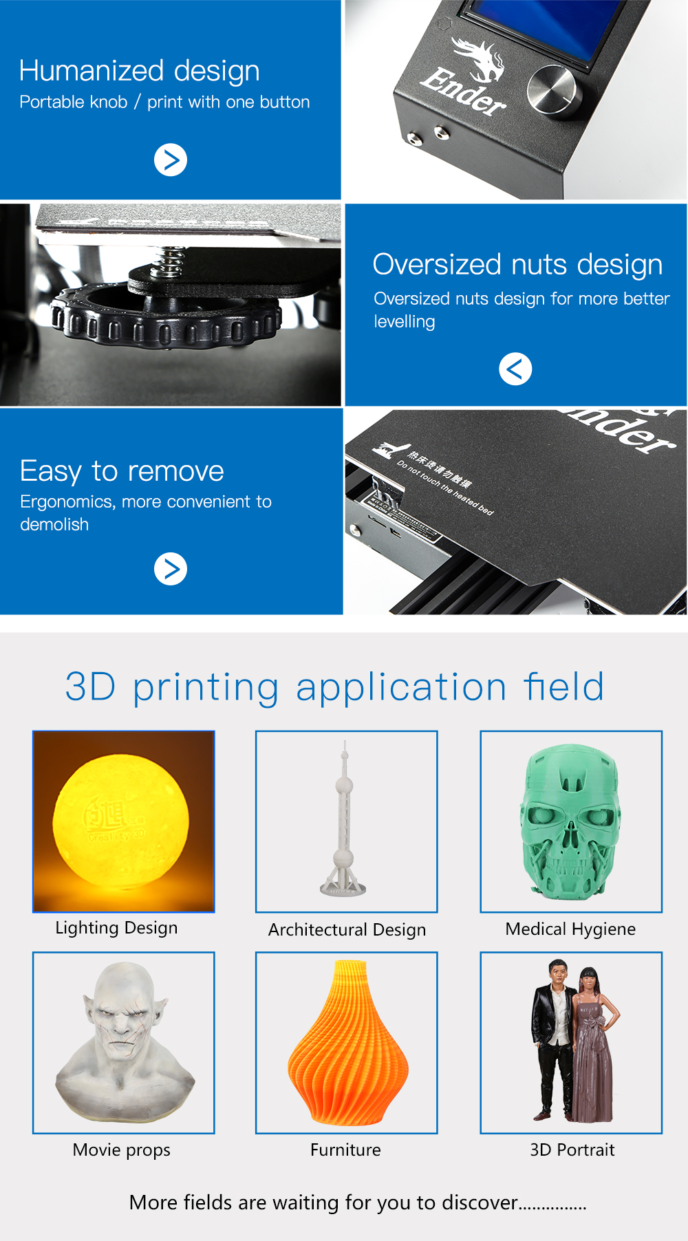 Creality3D Ender 3 Pro 3D-Drucker Bausatz - 220x220x250mm - Bedienung mit einem Knopf - Ergonomische Nivelliermuttern - Einfache Demontage der Druckplattform - Anwendungsbeispiele