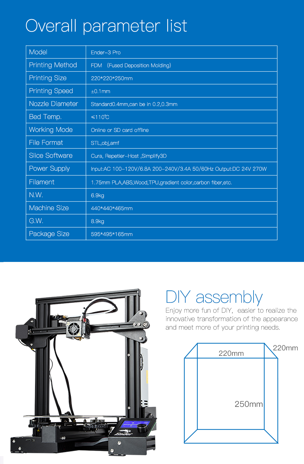 Creality3D Ender 3 Pro 3D-Drucker Bausatz - 220x220x250mm - Technische Daten - Bauraumgröße