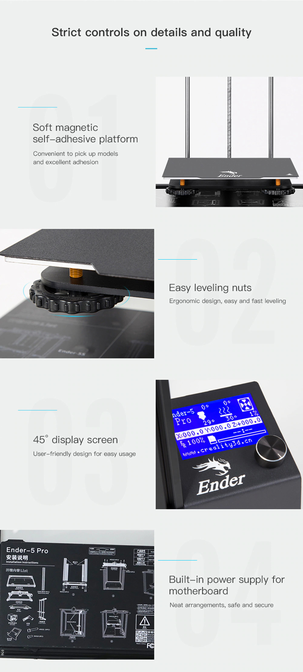 Creality3D Ender 5 Pro 3D-Drucker Bausatz - 220x220x300mm - Magnetische Druckplattform - Ergonomische Nivelliermuttern - 45 Grad Display - Integriertes Netzteil