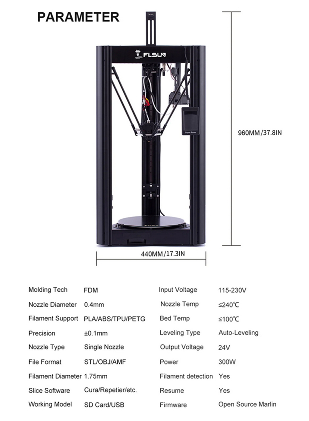 FLSUN SR 3D-Drucker Bausatz - 260x260x330mm - Technische Daten